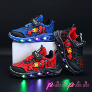 [P15p59] Disney รองเท้าผ้าใบลำลอง LED สีแดงสีดำสำหรับฤดูใบไม้ผลิเด็กผู้ชาย,รองเท้ากลางแจ้งผ้าตาข่ายสไปเดอร์แมนเด็กมีไฟรองเท้ากันลื่นขนาด21-30