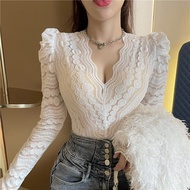 Fashion Women Top New V-neck Bubble Long Sleeve Top V-neck Lace Top
