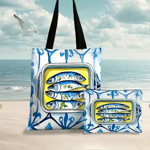 Sardine Delightful Feast Tote Bag/ Beach Bag with Makeup Bag Casual Reusable Shopping Bag Shoulder B