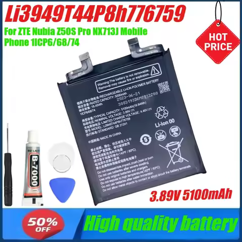 3.89V 5100mAh Li3949T44P8h776759 Battery for ZTE Nubia Z50S Pro NX713J Mobile Phone 1ICP6/68/74+Tool