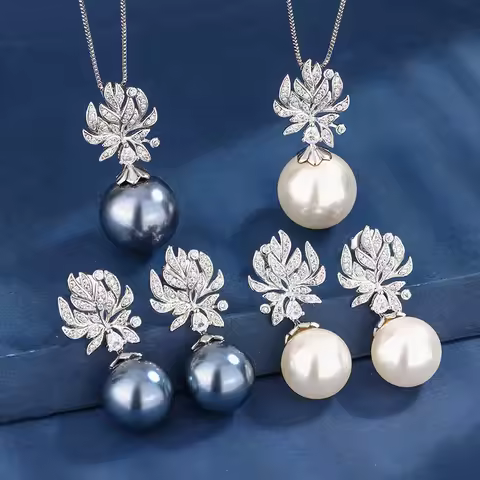 Micro Pave Zircon Flower Fireworks Design Round Gray White Shell Pearl Pendant Necklace Stud Earring