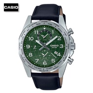 Velashop นาฬิกาข้อมือผู้ชายคาสิโอ Casio Mens Analog World Time Display Watch สายหนังสีดำ หน้าปัดสีเข