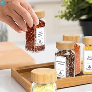 ISITA Spice Bottle, Square Transparent Spice Jars, Airtight Glass Perforated with Bamboo wood lid Seasoning Bottle Powder