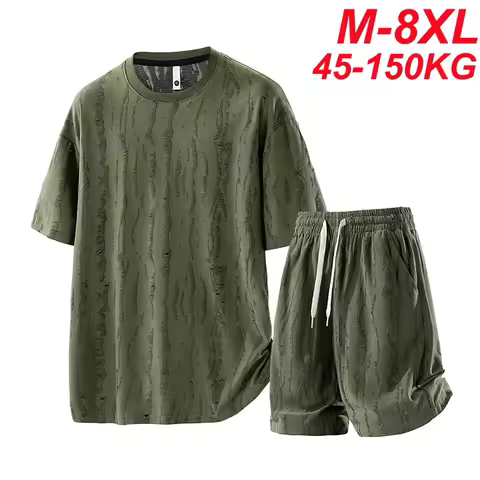 Big Size T-Shirt Shorts Suit Men's Summer Loose Large Casual Sports Tracksuit M-8xl Men's Short Slee