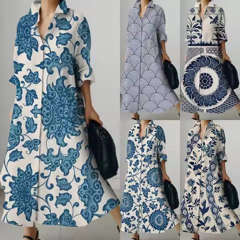 Fashion Plus Size 3Xl 4Xl 5Xl Women's Dresses Cyan Flower Flower Printed Dresses Country Style Tempe