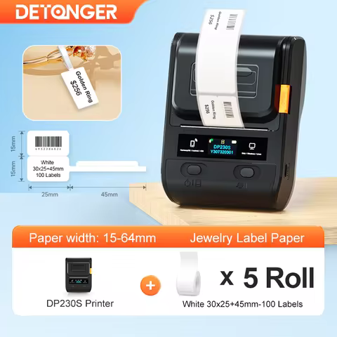 DETONGER DP230S 15-64mmThermal Label Printer with 5 Rolls Paper Multifunctional Mini Adhensive Hand 