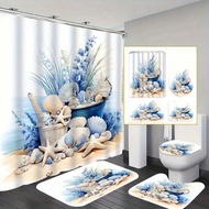 1/3/4pcs Beach Seashell & Plant Shower Curtain Set With Rug, Beach Seashell & Plant Bathroom Decor, 