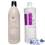 Combo of anti-yellowing purple shampoo and purple conditioner for bleached hair care Fanola No Yello