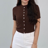 ASOKA Isla Top 3148 - Women's Knit Top - Short Sleeve Cardigan Button Slim Fit Crop Top