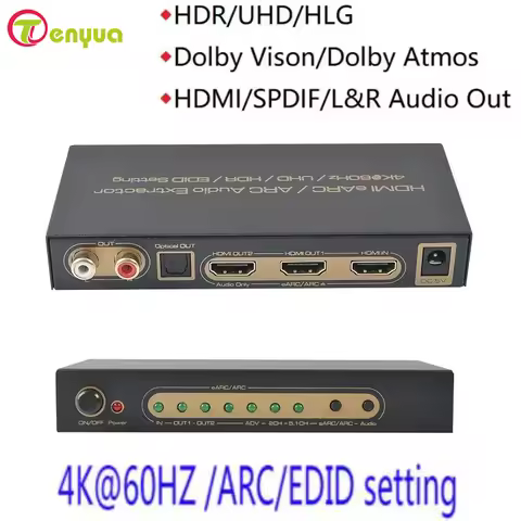 HD 2.0 Audio Extractor eARC/ARC 4K60Hz UHD HLG HDR Dolby Vision EDID Setting HDMI-compatible DTS HD