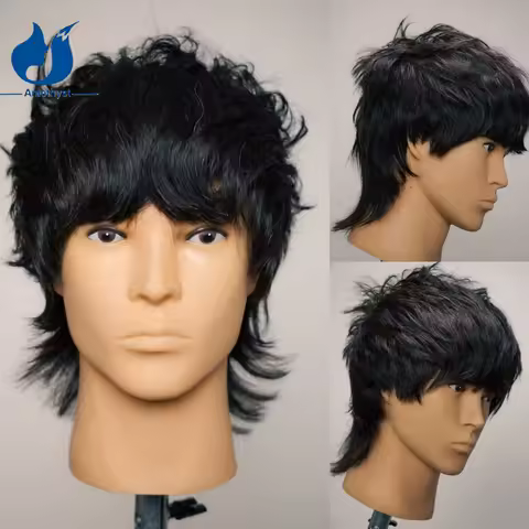 Amethyst Layered Wolf Cut Short Wig for Men Human Hair Natural Black Brazilian Remy Hair Full Lace W