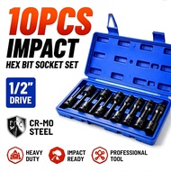 1/2 Drive Impact Hex Bit Socket Set 10PCS H5 H6 H7 H8 H10 H12 H14 H17 H18 H19 CR-MO Steel Heavy Duty