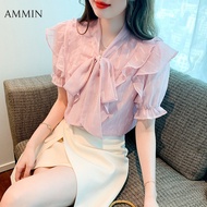 AMMIN เสื้อชีฟองหูกระต่ายคอวีของผู้หญิงเสื้อผ้าชีฟองแขนพองมีระบายอารมณ์แฟชั่นใหม่ฤดูร้อน