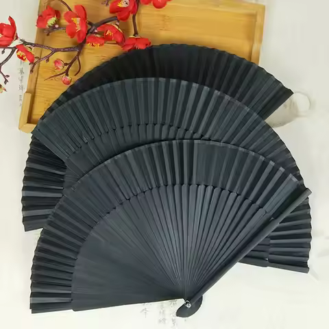 Men Foldable Fan Bamboo Bone Handheld Fan Chinese Folding Fan with Storage Bag and Paper Box (Black)