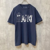 古著披頭四模仿短袖印花 T 卹，海軍藍，復古設計，獨特圓領，L 碼