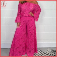 fulaide 2 Pcs/Set Women Top Pants Set Hollow Out Lace Off Shoulder Loose Long Sleeve Blouse Flower P