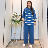 Modern Women's Suit LD 120 cm Full Print Motif Oval Top 3 Sleeves/4 and Long Pants Oneset Casual Fas