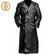 Mens German Classic WW2 Military Uniform Officer Black Real Leather Trench Coat