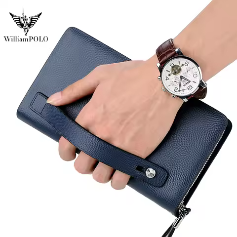 WILLIAMPOLO Luxury Men's Leather Clutch Bag Large Capacity Long Wallets High Quality Cowhide Clutch 