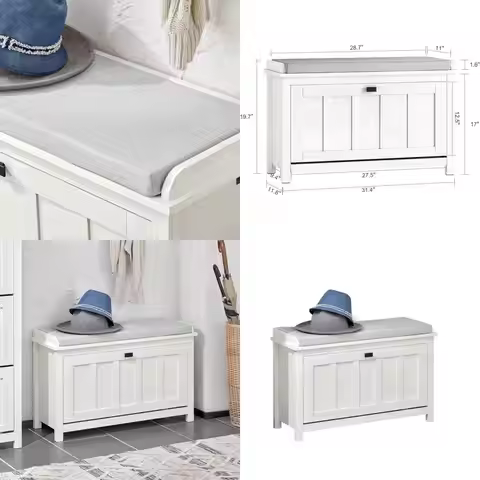 White Shoe Storage Bench with Cushion, 31.5x11.8x19.7 for Entryway and Hallway