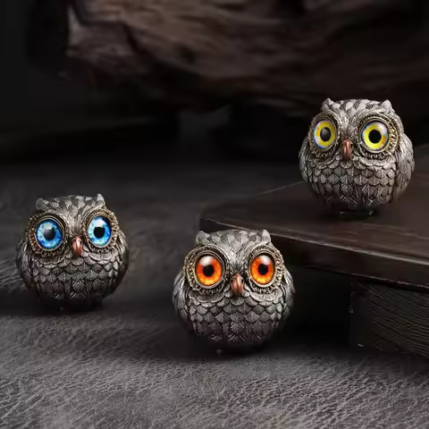 Cartoon Cute Animal Owl Statue Big Eyes Handmade Realistic Feathers Metal Owl Figurine Home Decor
