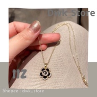 HITAM MAWAR Black Rose Gold Chain Necklace/Flower Necklace/Gold Chain Necklace/Black Flower Pendant Necklace/Korean Necklace/Vintage Necklace/Party Necklace/Hijab Necklace