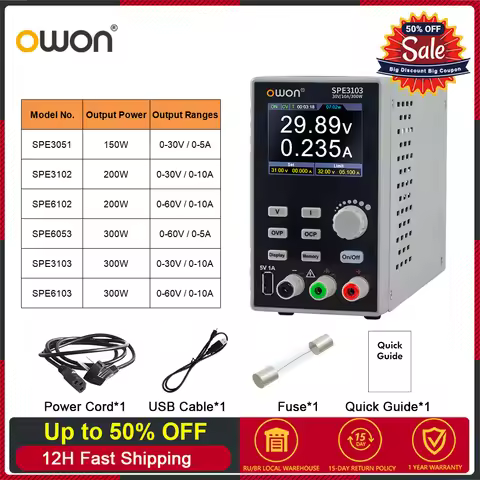 OWON SPE6103 DC Power Supply 200W/300W 30V/10A 60V/10A 2.8" LCD 10mV/1mA Resolution Digital Voltage 