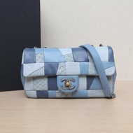 CHANEL 藍色羊皮蛇皮22開CF單肩包拼接/肩背包