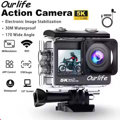 Ourlife 5K Action Camera 4K60FPS EIS WiFi Dual Screen 170D 2.0 Inch Touch Screen 30M Waterproof Spor