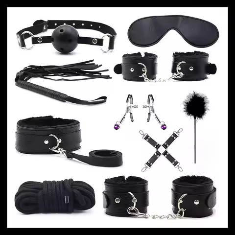 11pcs Plush Leather Handcuff BDSM Sexual Collar Blindfold Set Couple Clamps Harness Sadomasochism Bl