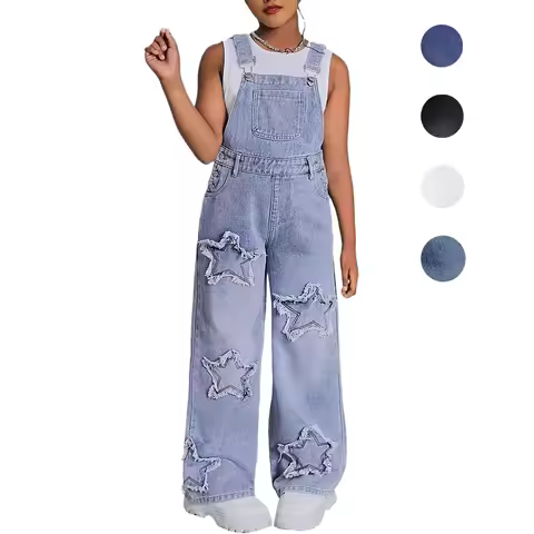 Fashion Teen Girl Jeans Pants Wide Leg Denim Overalls Streetwear Loose Baggy Style Kid Outfit Childr