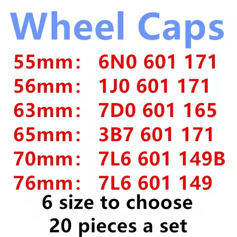 20pcs 6N0601171 1j0601171 3B7601171 7L6601149 7L6601149B 7D0601165 7M7601165 65mm car wheel center c