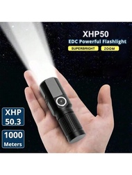 1只xhp50超亮迷你手電筒type-c充電式縮放led手電筒3種照明模式釣魚露營燈