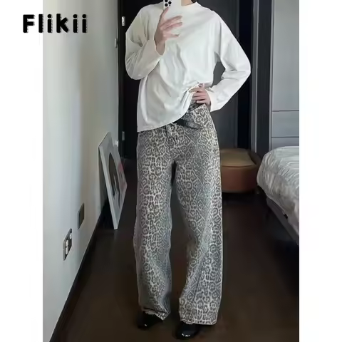 Leopard Print Jeans Women Y2K Retro Street Loose Sk8 Style Wash Jeans Casual 90s style High Waist St