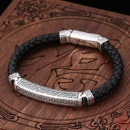 S925 Sterling Silver Charm Bracelets for Men 2023 Men's Fashion Buddhist Peace Totem Leather Bangle Argentum Amulet Jewelry
