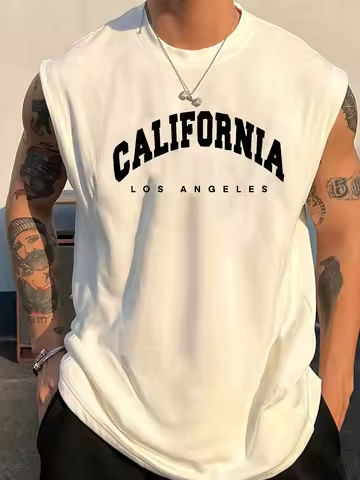 100% pure cotton men's summer fashion casual sports loose California letter print fitness breathable
