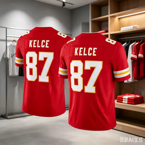 New Men 87 Kansas City Red Home Football Jersey Number Striped Cuff V Neck Short Sleeve Kisd Sports 