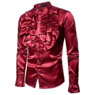 Vintage 70s Frill Ruffle Dress Shirt For Men Vicotorian Costume Top Gothic Punk Retro Tee Faxu Silk 