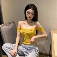 R1A9M Solid Color Off Shoulder Crop Tops Bottoming Shirt Cross Collar Slim T Shirts Women Ins Style 