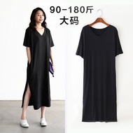 Plus Size Korean Ladies V-Neck Short-Sleeved Dress Loose Comfortable Fashion Casual Split T-Shirt Dress