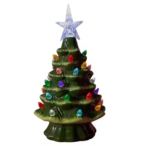 Ceramic Christmas Tree Glowing Hand Painted Battery-Powered Tabletop Christmas Tree 7.4inch Holiday 
