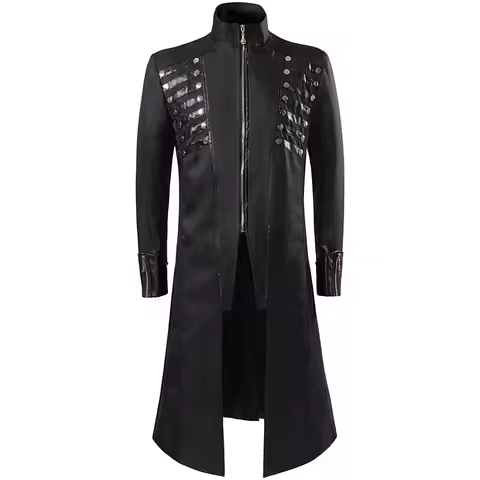 Mens Retro Autumn Winter tailcoat Medieval Steampunk Gothic Vintage Leather Trench Coat Warrior Knig