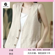 2025中国风时髦 薄款 馬甲 女 上衣女韓版 ins 潮 棉麻薄款马甲女夏季新款休闲外穿洋气百搭马夹上衣 Casual Cotton Linen Vest Simple Temperament Ou