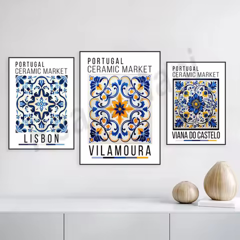 Viana do Castelo Portuguese Ceramics Market Poster, Lisbon Tile Art, Portuguese Wall Art, Blue Tile 