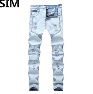 SIM Men Slim Ripped Biker Jeans Design Distressed Holes Cool Denim Fashion Pants