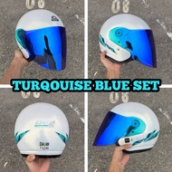 SPECIAL EDITION COMBO SET HELMET LTD SPORT PEARL WHITE LINE TURQOUISE INCLUDE REVO BLUE SIANG MALAM 