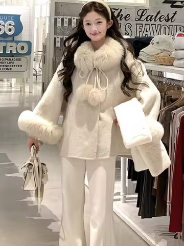 Miu Double-Faced Woolen Coat Women's Winter Warm Fashionable Long Sleeve Coat with Fur Collar Elegan