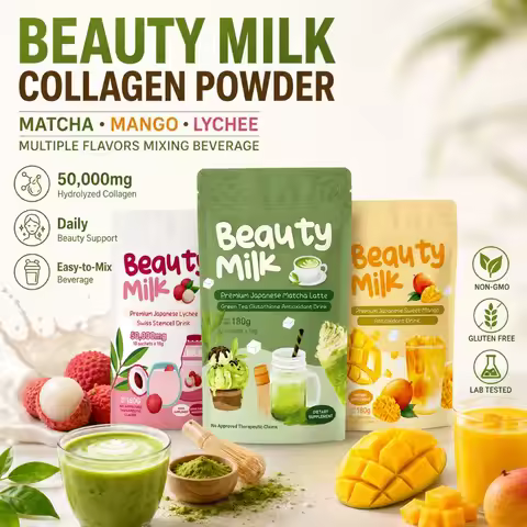 Beauty Milk Collagen Powder Drink Mix, 50000mg Hydrolyzed Collagen, Matcha Mango Lychee Strawberry B