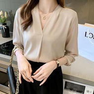 Satin V-Neck Blouse for Women Long Sleeve Professional Commute Sizes S-2XL Ideal for Office Daily