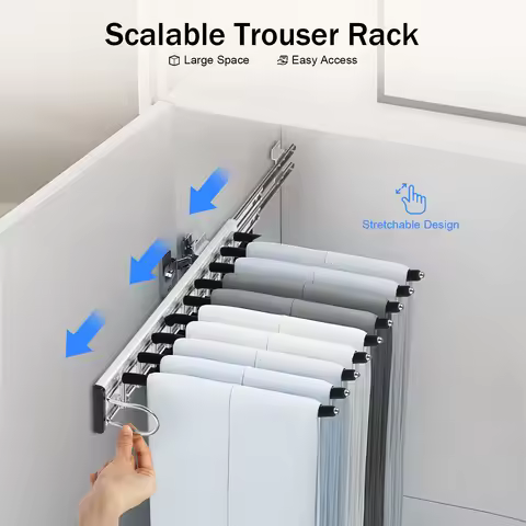9 Arms Pull Out Trousers Rack Wardrobe Pants Organizer Retractable Closet Pants Hanger Right Left Si